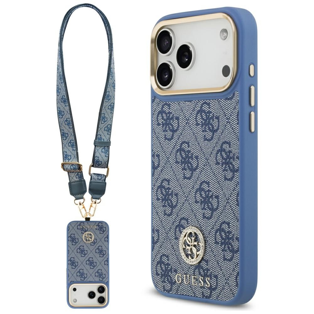 Калъф за iPhone 17 Pro Max - Guess 4G Strass Logo with Big Strap Metal Button MagSafe (GUHMP17XP4G4DCSB) - Син