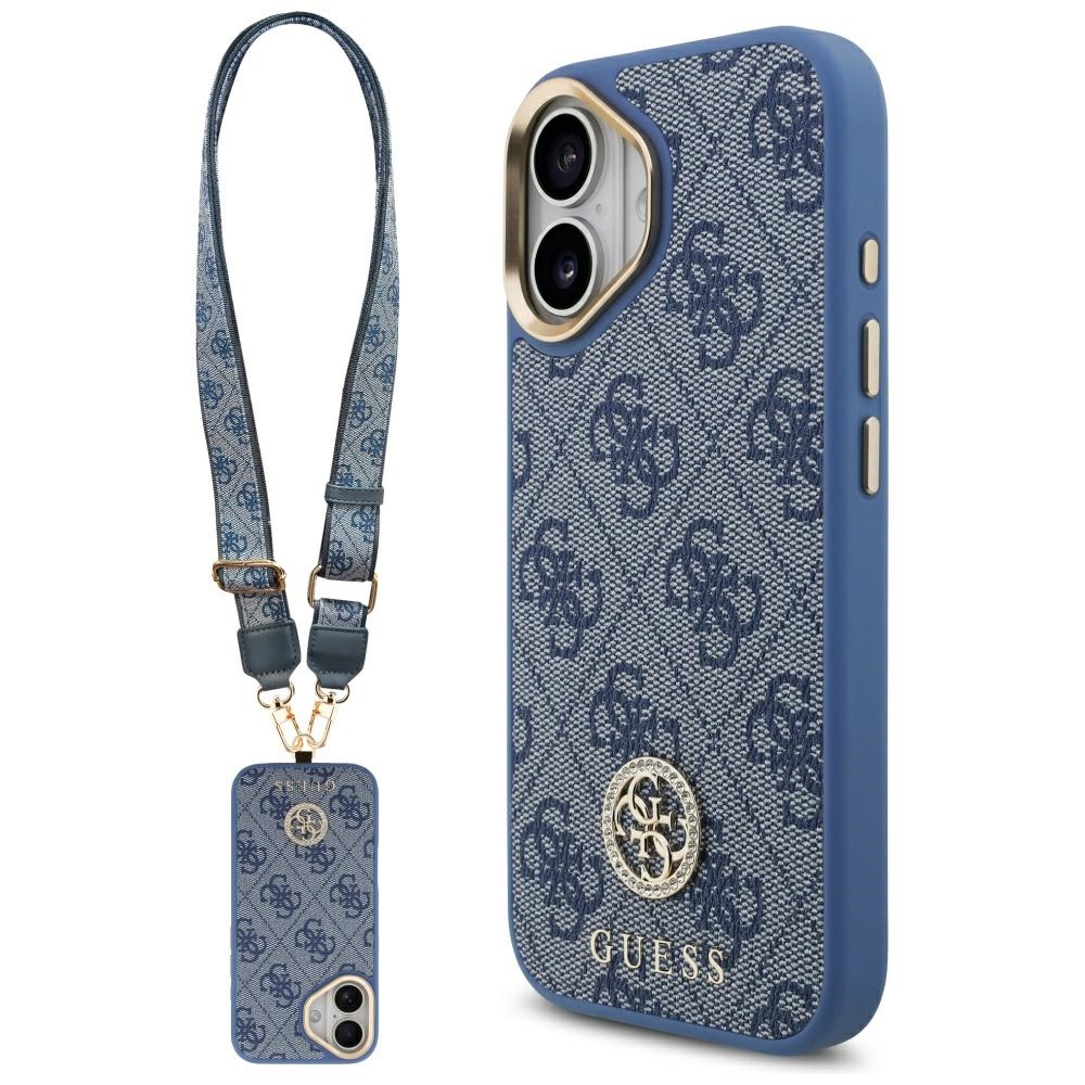 Калъф за iPhone 17 - Guess 4G Rhinestone Logo with Big Strap Metal Button MagSafe (GUHMP17SP4G4G4DCSB) - Син
