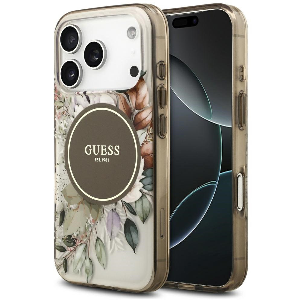 Калъф за iPhone 17 Pro Max - Guess IML Flower & Tonal Circle MagSafe (GUHMP17XHFHFWWBDCEW) - Кафяв