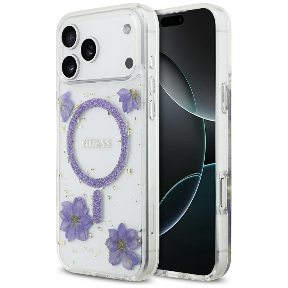 Калъф за iPhone 17 Pro Max - Guess Resin Flowers and Glitter MagSafe (GUHMP17XRBFGFGMU) - Лилав