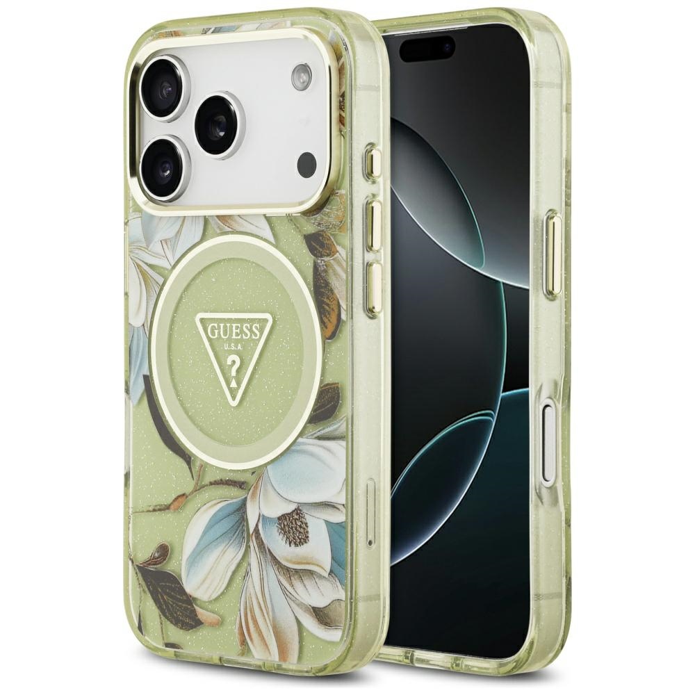 Калъф за iPhone 17 Pro - Guess IML Metal Glitter Flowers Triangle MagSafe (GUHMP17LHFLFLPEDN) - Зелен
