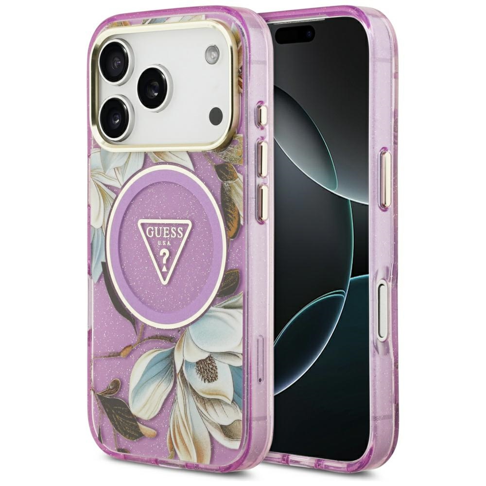 Калъф за iPhone 17 Pro - Guess IML Metal Glitter Flowers Triangle MagSafe (GUHMP17LHFLFLPEDU) - Лилав