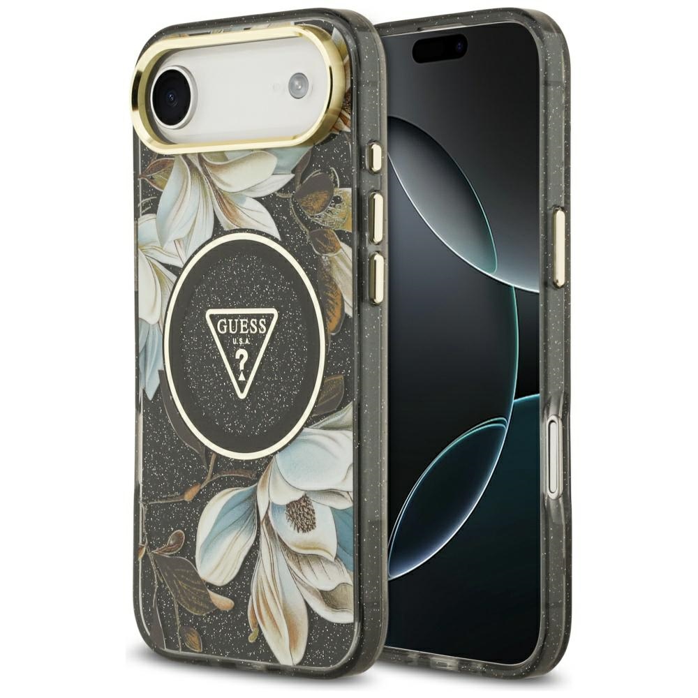 Калъф за iPhone 17 Air - Guess IML Metal Glitter Flowers Triangle MagSafe (GUHMP17MHFLFLPEDK) - Черен