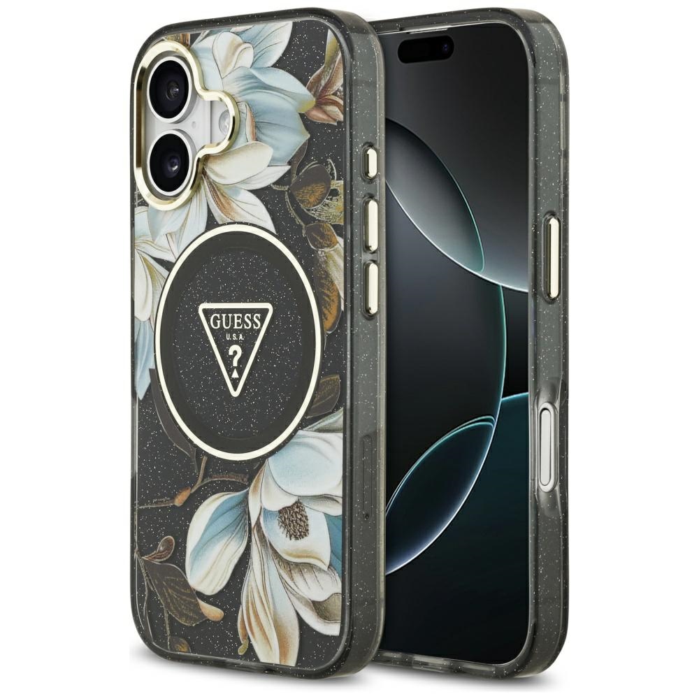 Калъф за iPhone 17 - Guess IML IML Metal Glitter Flowers Triangle MagSafe (GUHMP17SHFLPEDK) - Черен