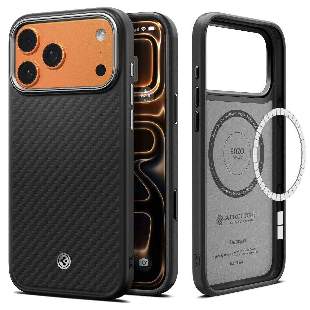 Калъф за iPhone 17 Pro - Spigen Enzo Enzo Aramid "T" MagSafe (ACS09958) - Черен / Сребрист