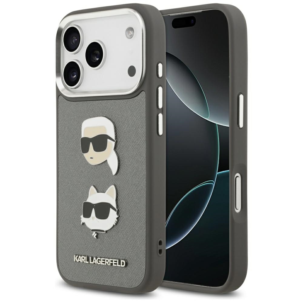 Калъф за IPhone 17 Pro - Karl Lagerfeld Hardcase Hardcase Grained K&C Heads Pins and Logo (KLHCP17LPSFDHPOG) - Сив