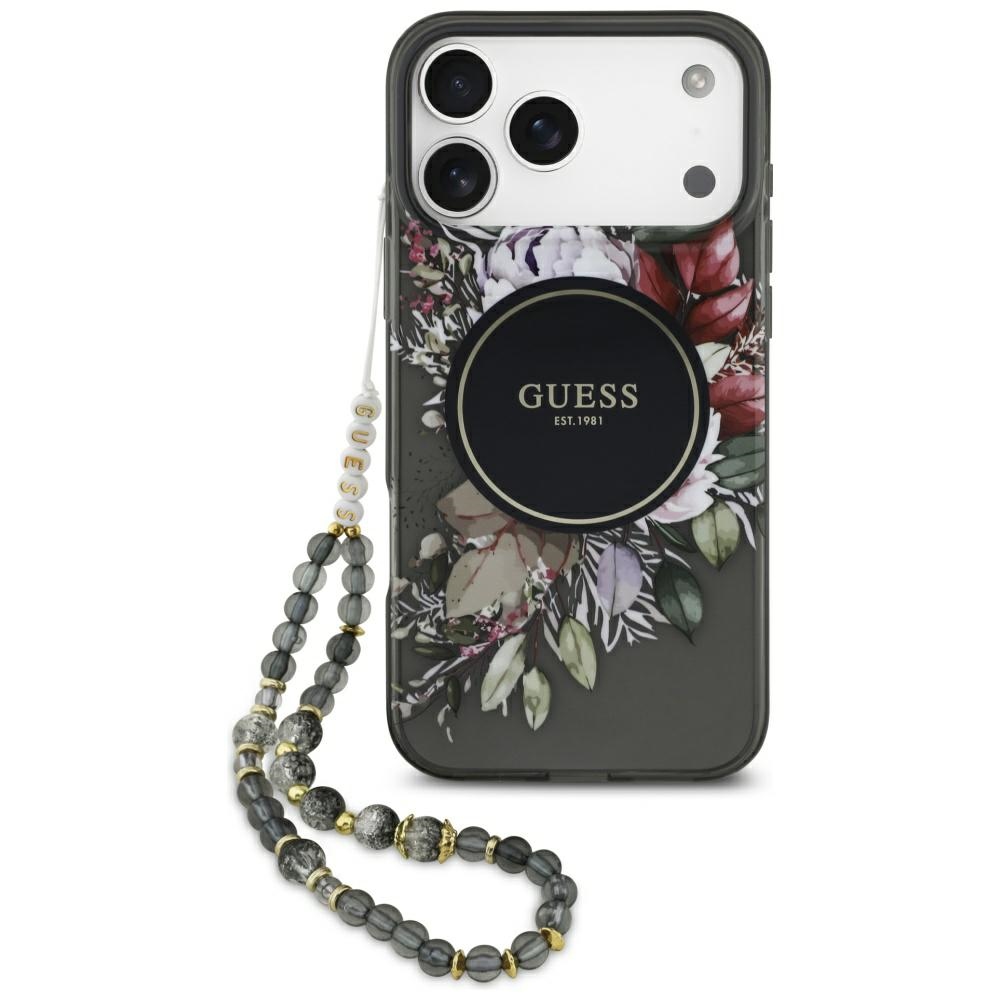 Калъф за iPhone 17 Pro Max - Guess IML Flowers with Pearl Strap MagSafe (GUHMP17XHFHFWWBRCESK) - Черен