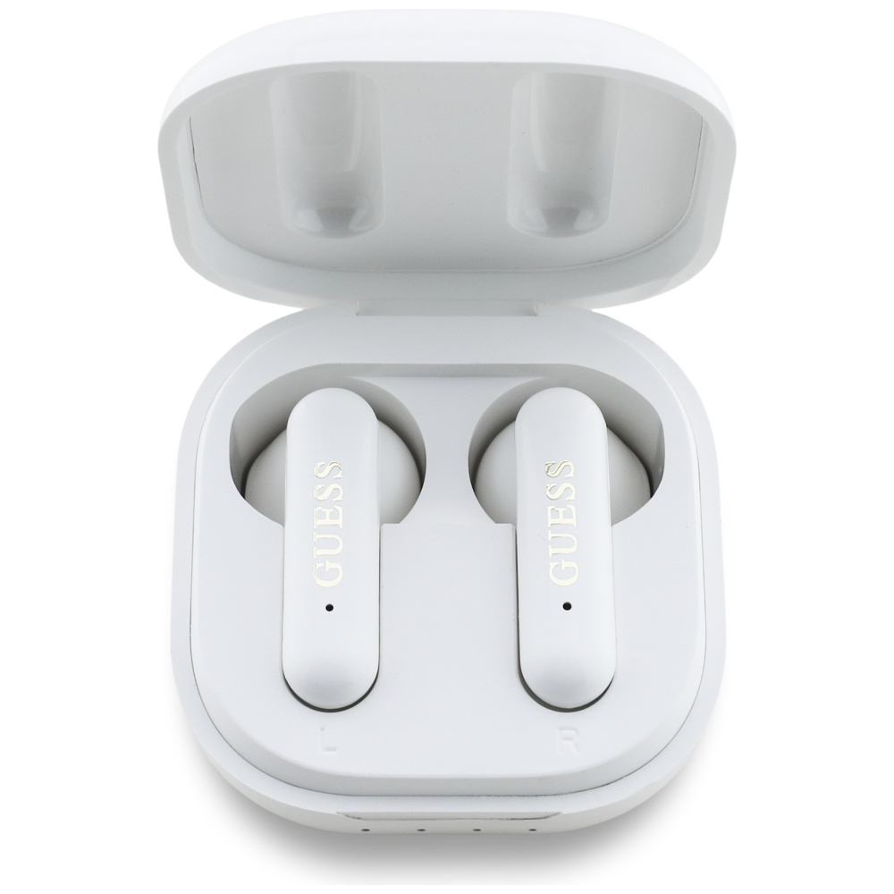 Безжични слушалки, Bluetooth, USB-C, за поставяне в ушите - Guess 4G метално лого (GUTWSJ7HE4GH) - бели