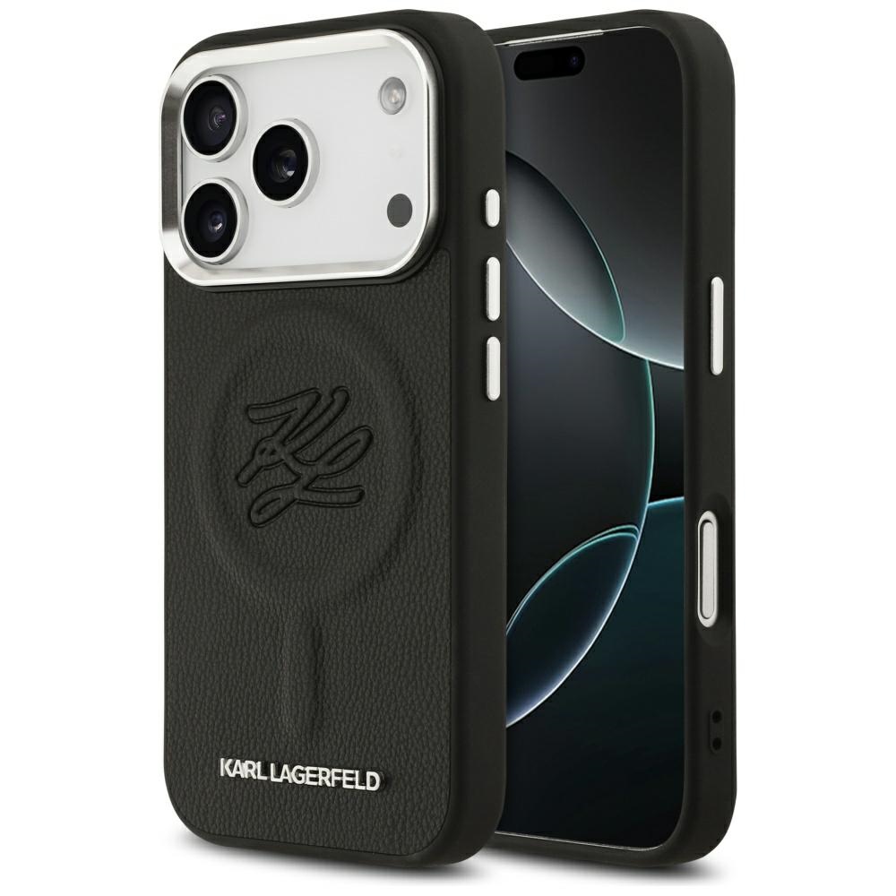 Калъф за IPhone 17 Pro Max - кожа на Карл Лагерфелд с инициал и метално лого MagSafe (KLHMP17XPGFKLRDK) - Черен