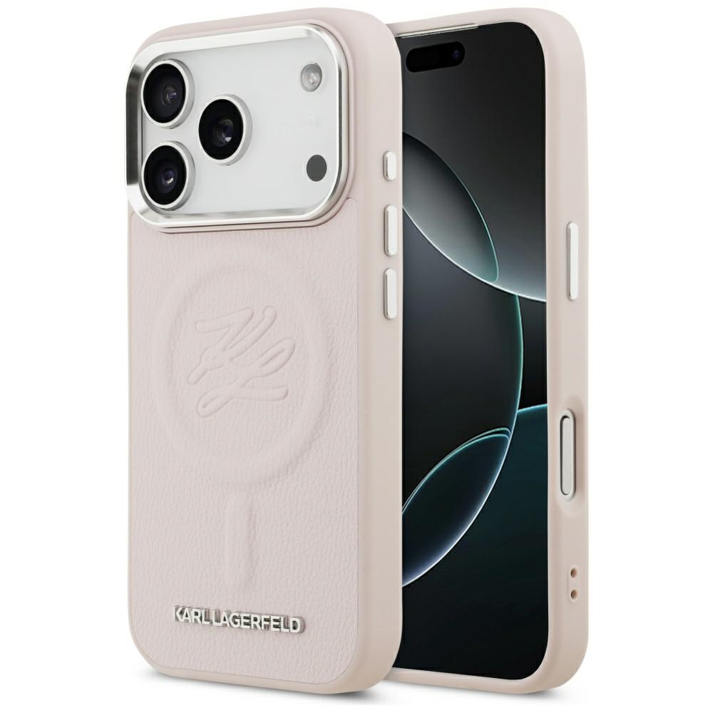 Калъф за IPhone 17 Pro - кожа на Карл Лагерфелд с инициал и метално лого MagSafe (KLHMP17LPGFKLRDP) - Розов