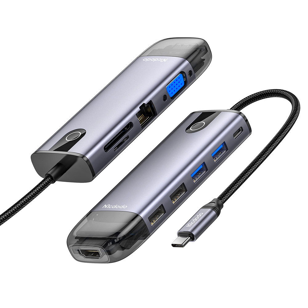 10в1 хъб, 4x USB, 1x USB-C, 1x USB-C, 1x SD/TF слот за карта, 1x HDMI, 1x LAN, 1x VGA, 1x USB-C кабел - Mcdodo (HU-7420) - Сив