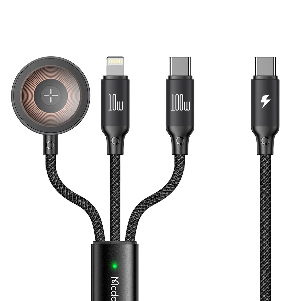 Кабел, USB-C към Lightning/USB-C/безжично зарядно за Apple Watch, 100 W, 1,2 м - Mcdodo O Series (CA-4940) - Черен