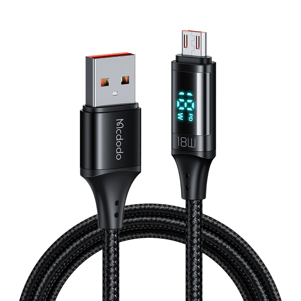 USB към Micro-USB кабел, 3 A с цифров дисплей Алуминиев, найлонов накрайник. 1.2m - Mcdodo (CA-1070) - Черен