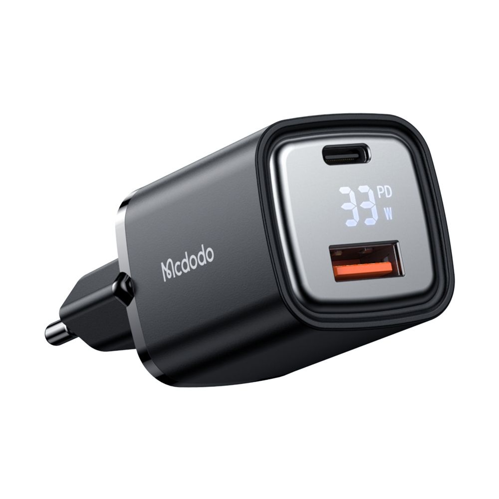 Зарядно устройство с щепсел, USB-A, USB-C, 33W, цифров дисплей - серия Mcdodo Графитен (CH-1701) - черно