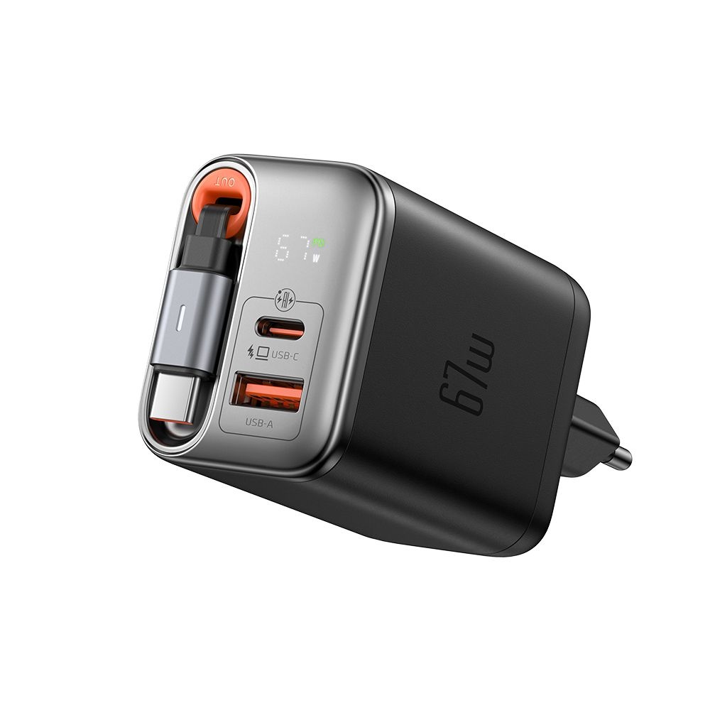 Зарядно устройство с щепсел, USB-A, USB-C, 67 W, 65 см прибиращ се кабел - серия Mcdodo FreeGo (CH-4100) - Черен