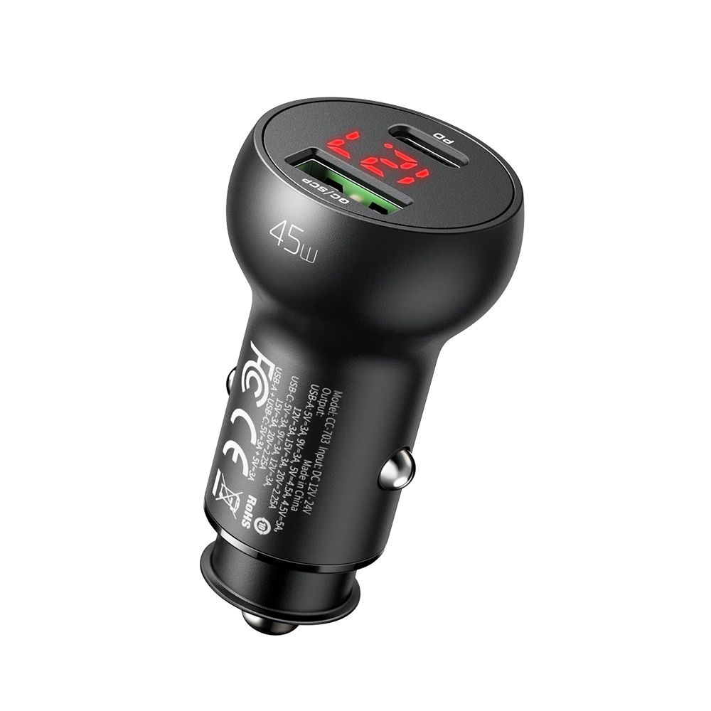 Зарядно за кола, USB-C, USB-A, 45W, цифров дисплей - Mcdodo (CC-7030) - черно