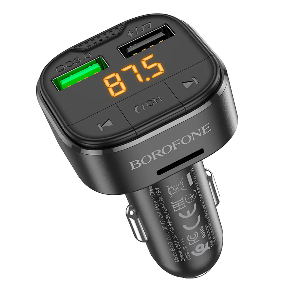 FM трансмитер за кола BT5.0, 2x USB, слот за MicroSD, QC3.0, 18W - Borofone Flash (BC43) - Черен