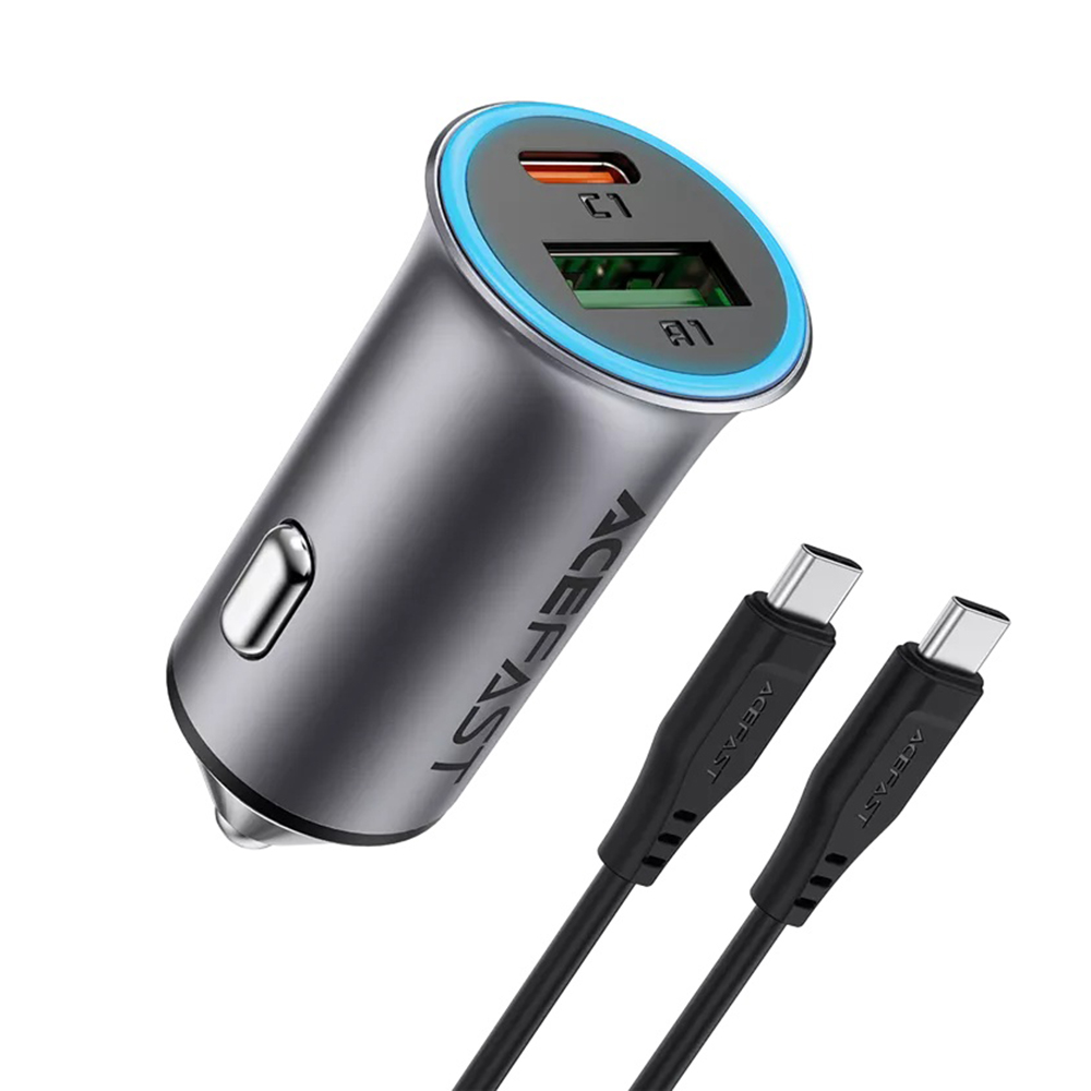 USB зарядно за кола, Type-C, с Type-C кабел, 95 W, PD3.0, 1,2 m - Acefast (B16) - Metal Сив
