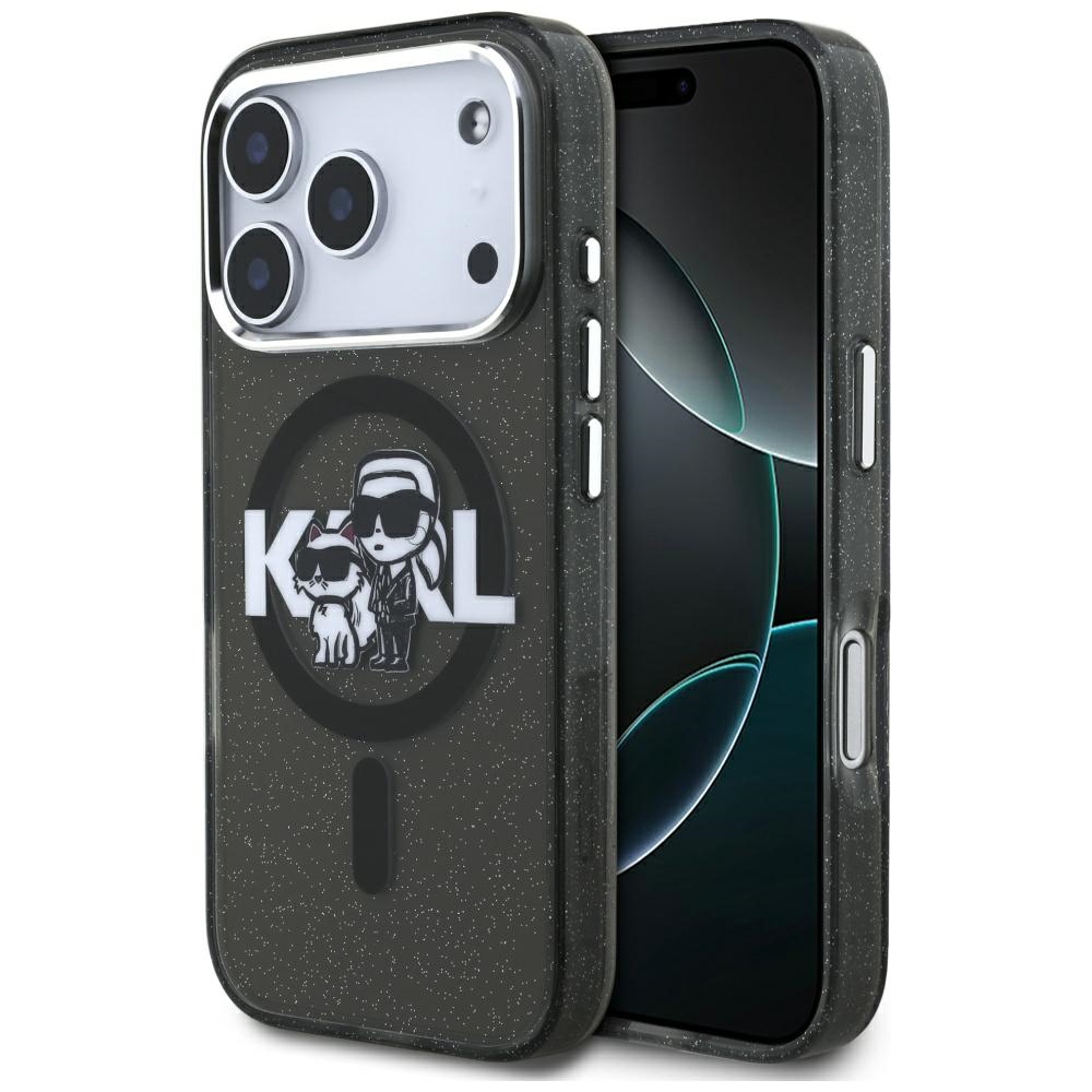 Калъф за iPhone 17 Pro - Karl Lagerfeld IML Glitter Karl & Choupette Sketch Sketch Logo MagSafe (KLHMP17LHGKCGGKBK) - Черен