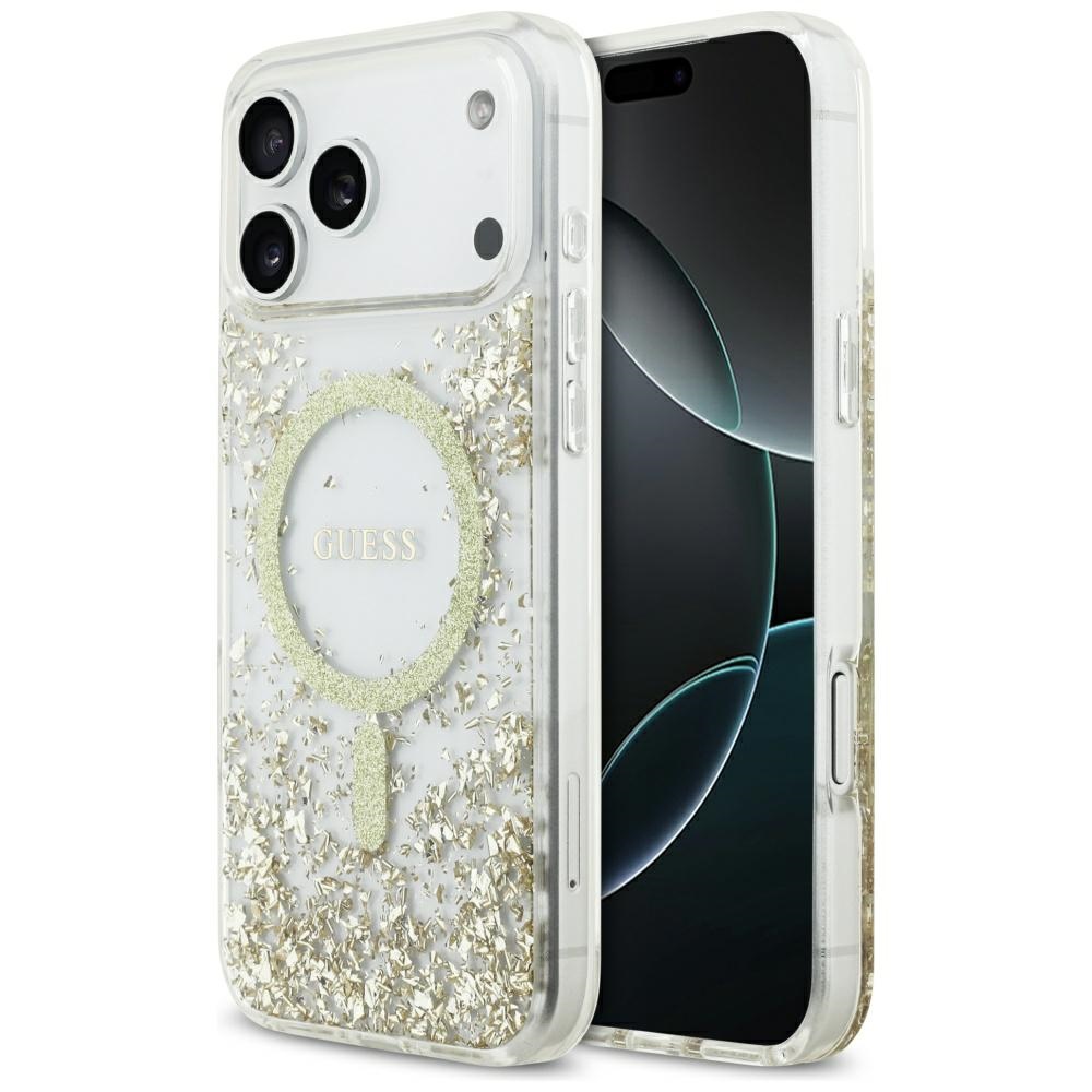 Калъф за iPhone 17 Pro Max - Guess Resin Bottom Glitter MagSafe (GUHMP17XRGRGED) - златен