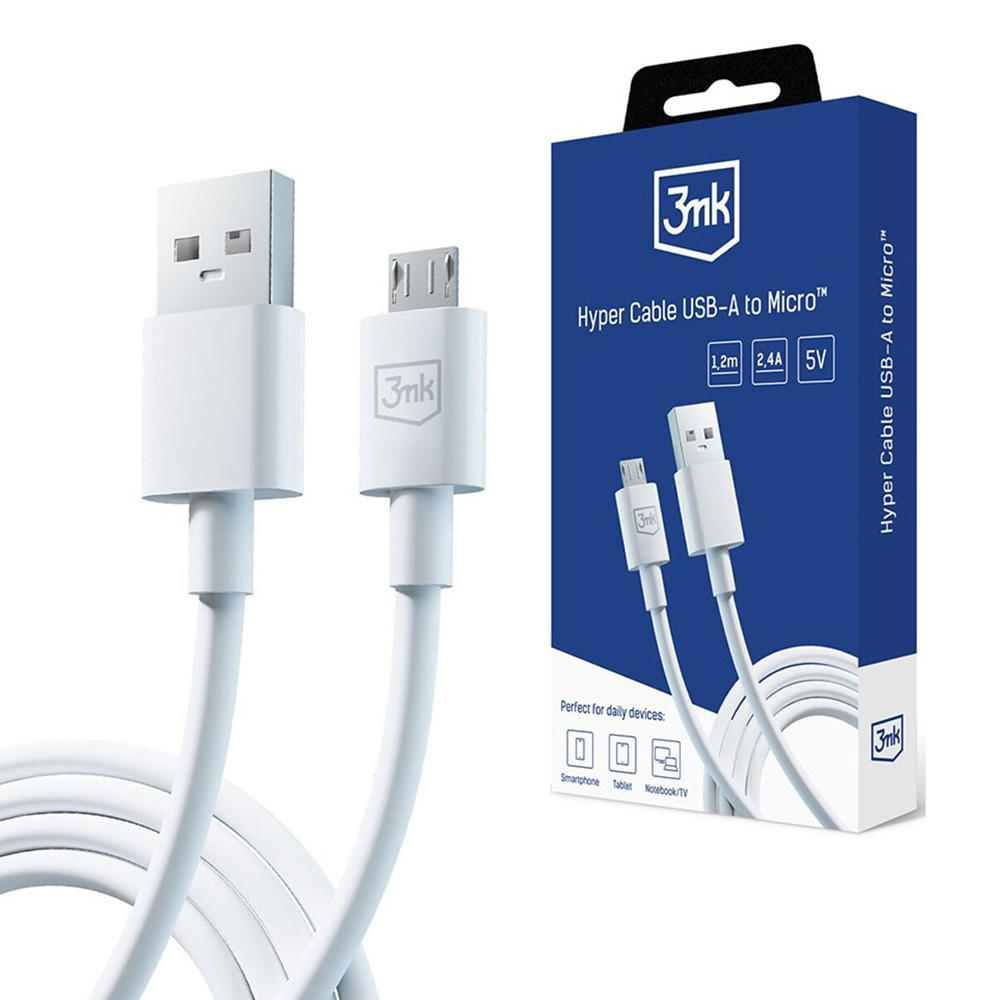 Кабел, USB-A към Micro-USB, 5V, 2.4A, 1.2m - 3mk Hyper - Бял