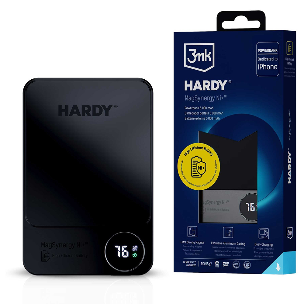 Външна батерия, цифров дисплей, 5000mAh, технология MagSafe/Qi, Type-C - 3mk MagSynergy Ni+ - Черен
