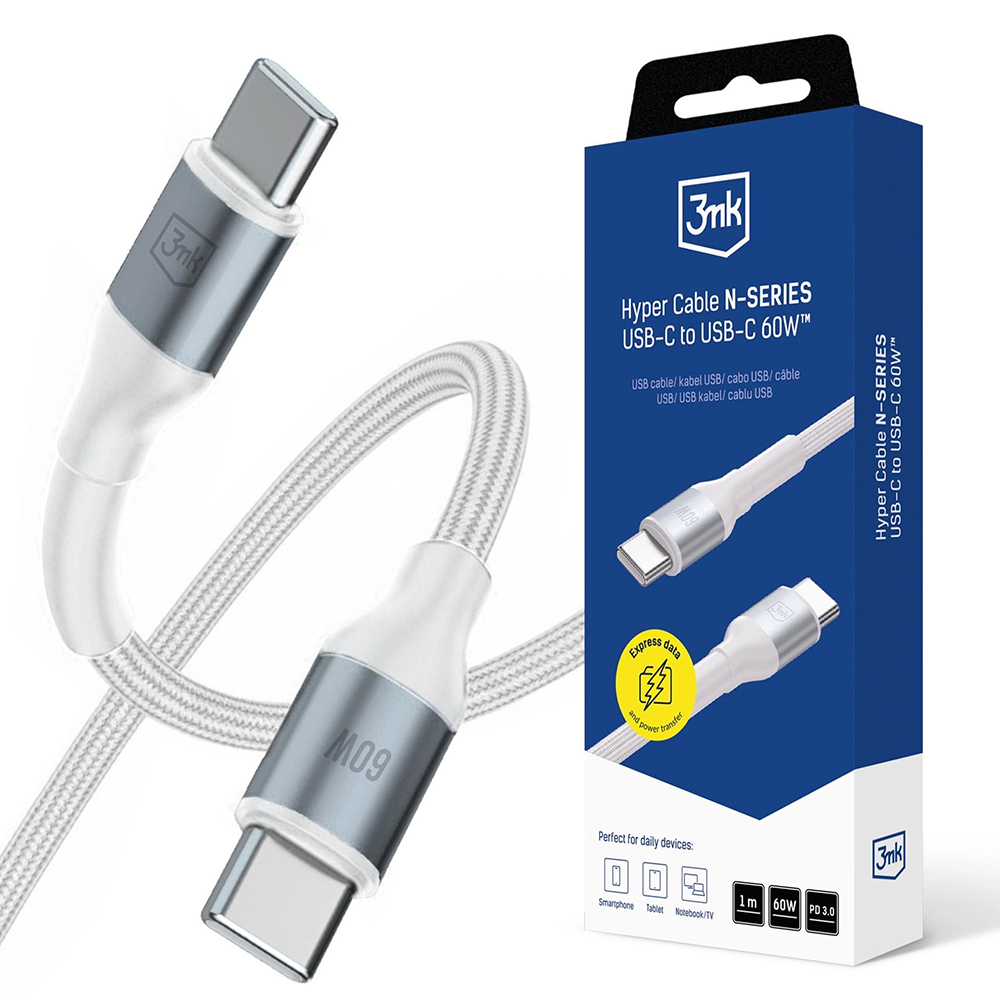 Бърз захранващ кабел, USB-C, 60W, 1m - 3mk Hyper N-серия - Бял