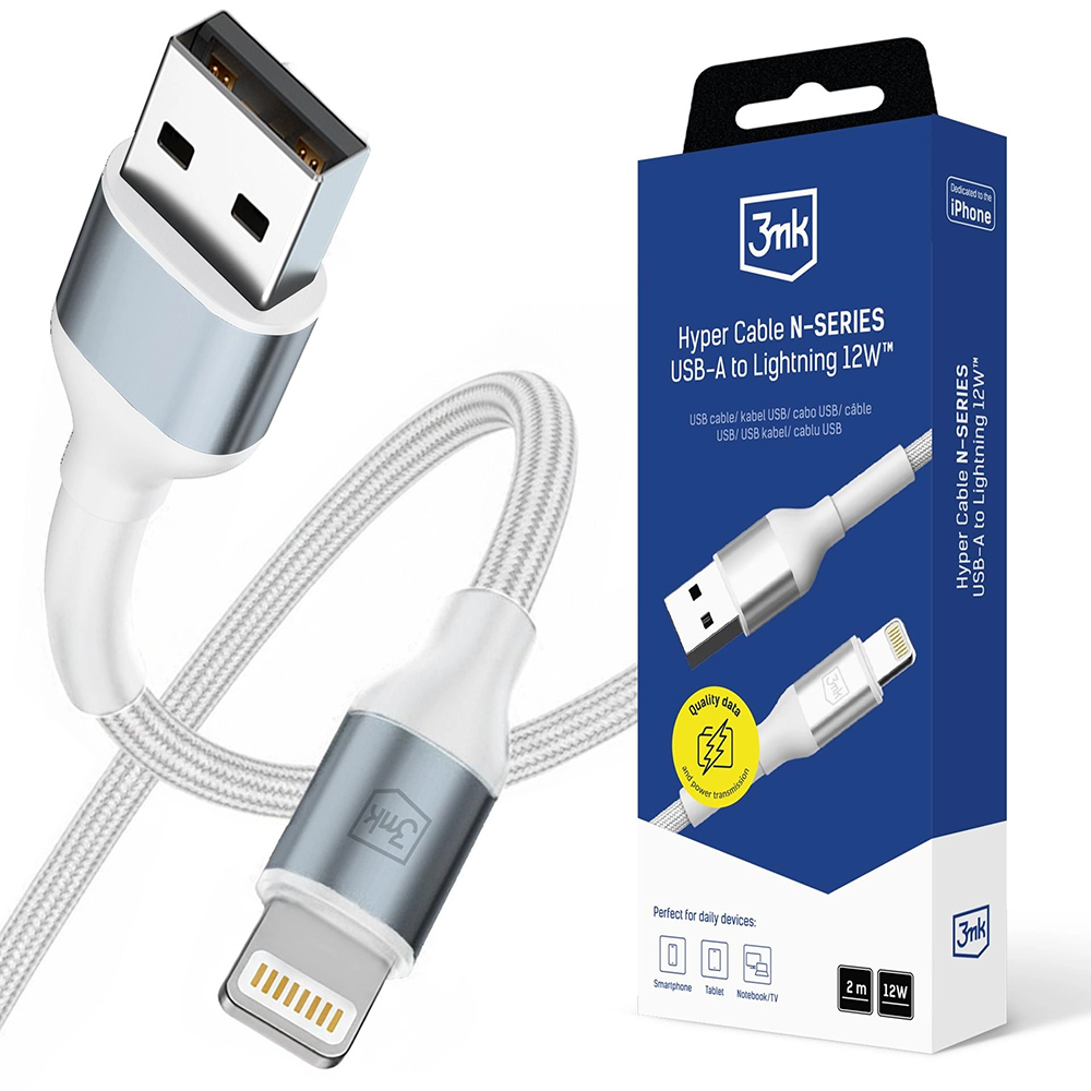 Захранващ кабел, USB, iOS, 12W, 2m - 3mk Hyper N-Series - Бял