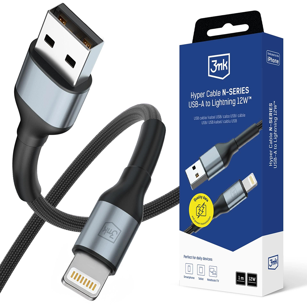 Захранващ кабел, USB, iOS, 12W, 1m - 3mk Hyper N-Series - Черен