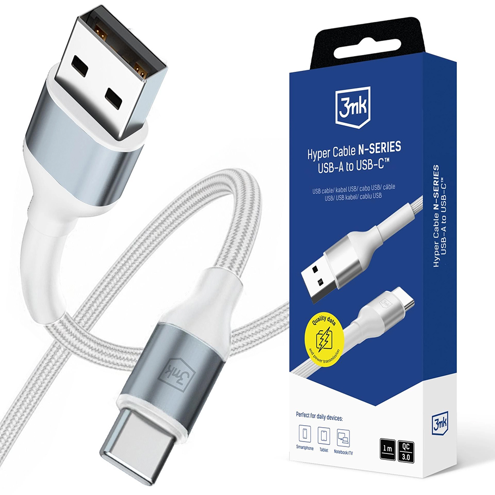 USB захранващ кабел, USB-C, 18W, 9V/2A, 1m - 3mk Hyper N-серия - Бял
