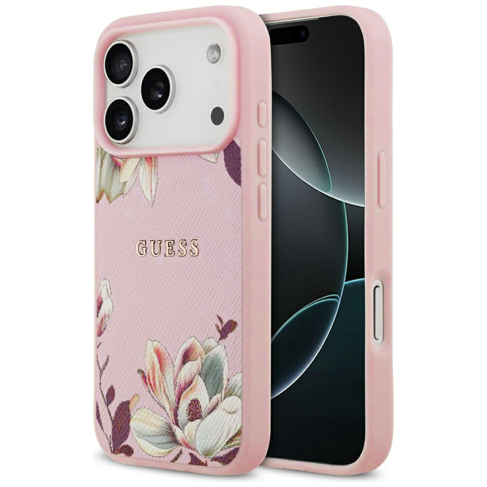 Калъф за iPhone 17 Pro Max - Guess Grained Flowers MagSafe (GUHMP17XPGNMPMPLMP) - Розов