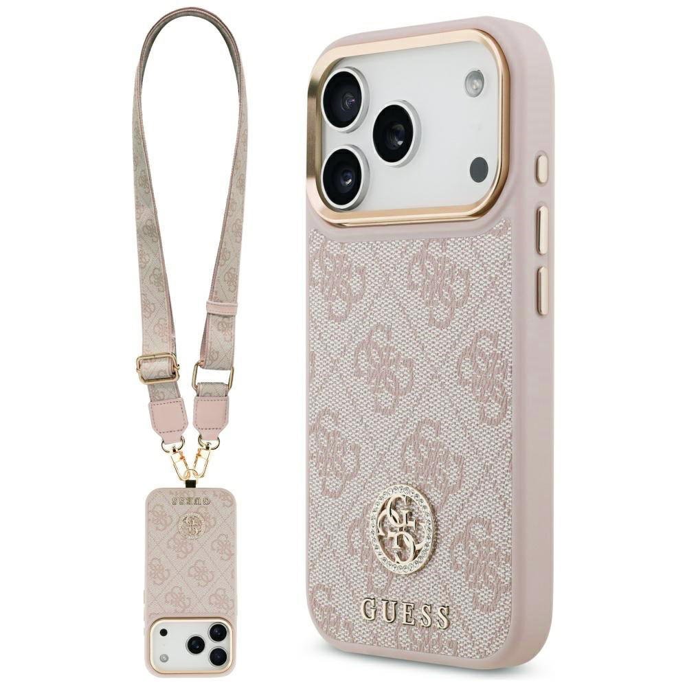 Калъф за iPhone 17 Pro - Guess Hardcase 4G Strass Logo & Big Strap (GUHMP17LP4G4G4DCSP) - Розов
