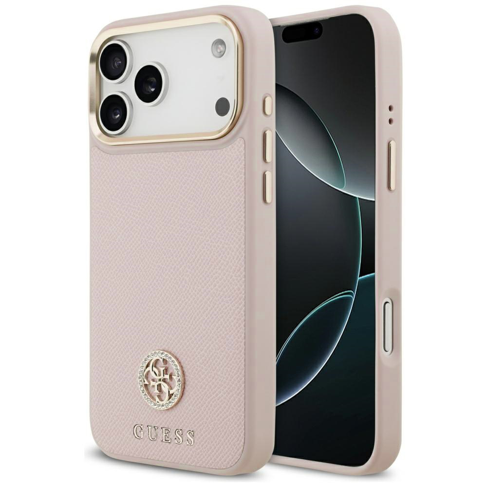 Калъф за iPhone 17 Pro - Guess Grained Rhinestone Logo MagSafe (GUHMP17LPGCRMDEP) - Розов