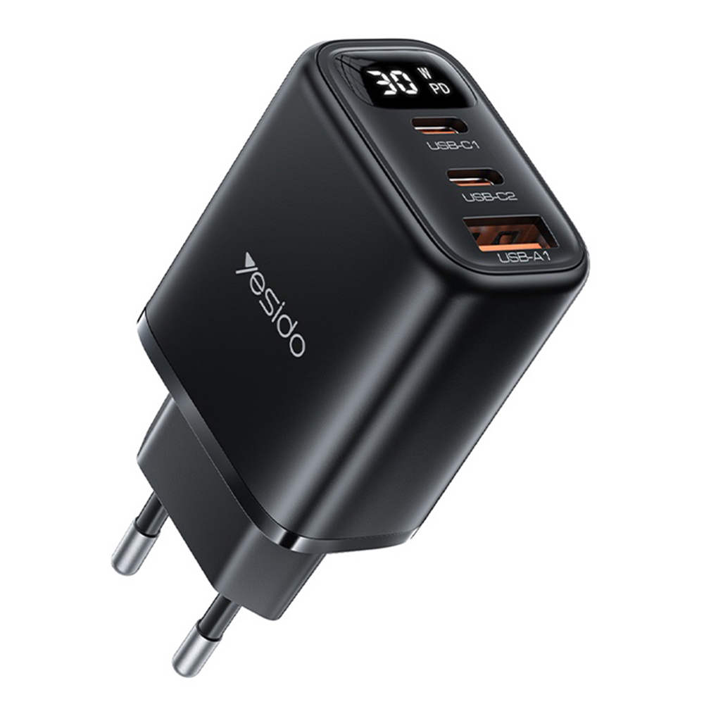 Мрежово зарядно 3 в 1 с цифров дисплей, USB, 2x Type-C, 30W - Yesido (YC69) - черно