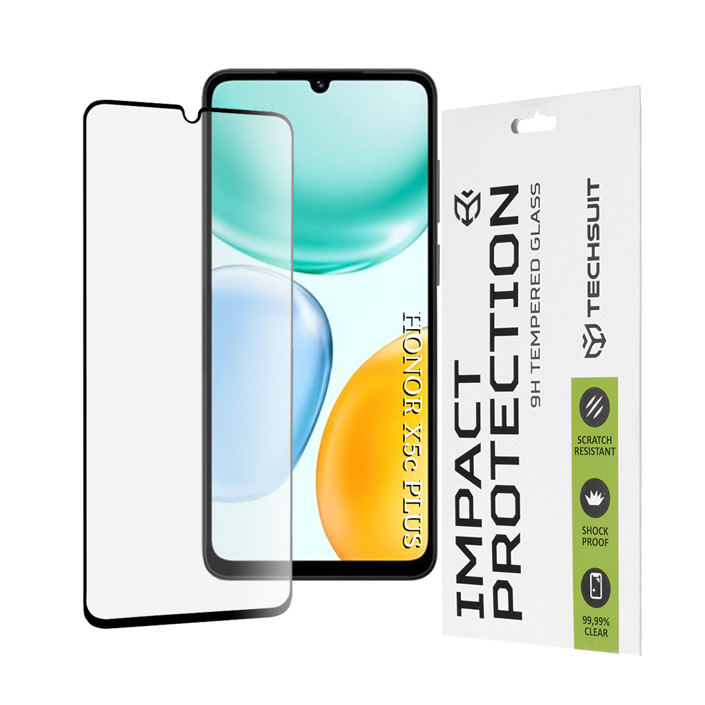 Капак за Honor X5c Plus - Techsuit 111D Full Cover / Full Glue Glass - Черен