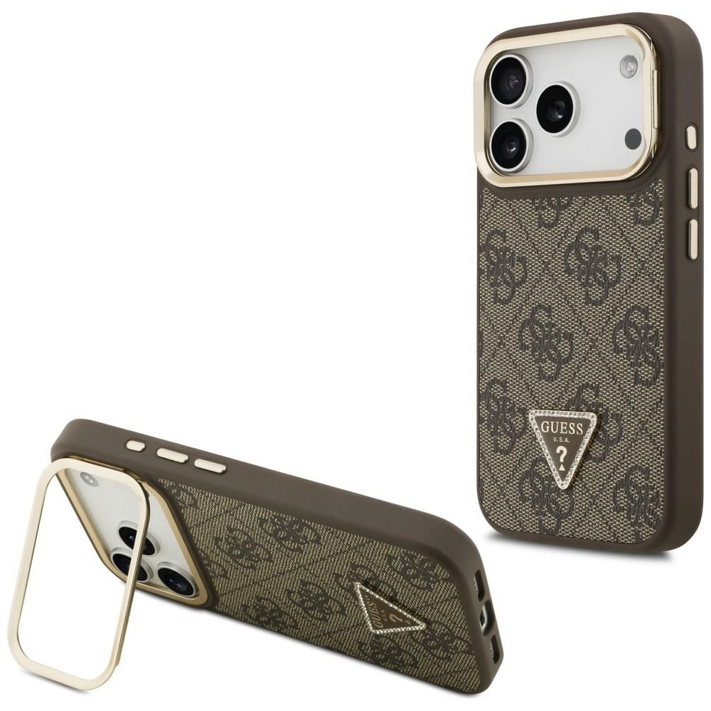 Калъф за iPhone 17 Pro - Guess Hardcase 4G Triangle Triangle Logo MagSafe with Stand Camera (GUHMP17LPCS4GPTW) - Кафяв
