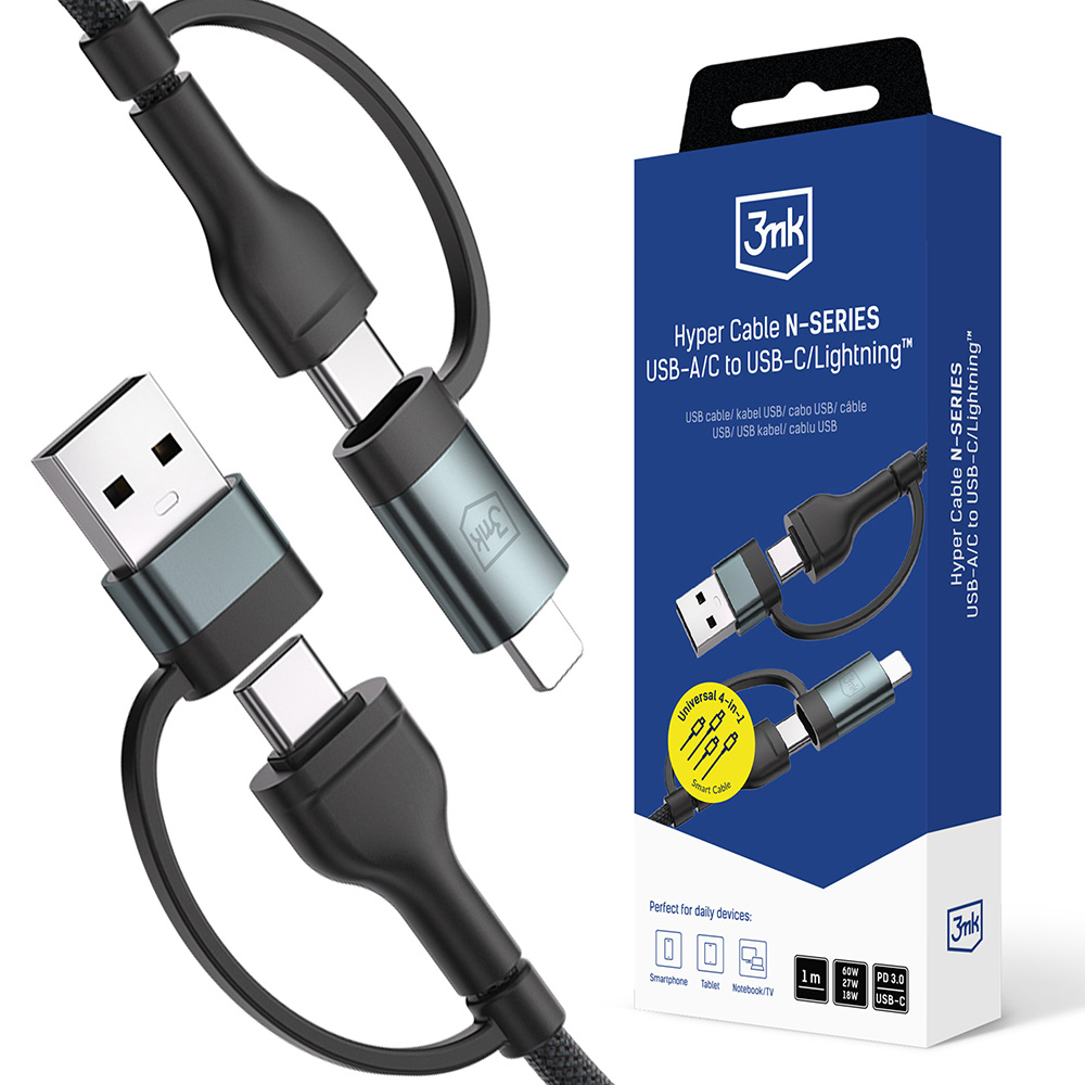 Захранващ кабел 2in2, 60W, 1.2m - 3mk Hyper N-Series - Черен