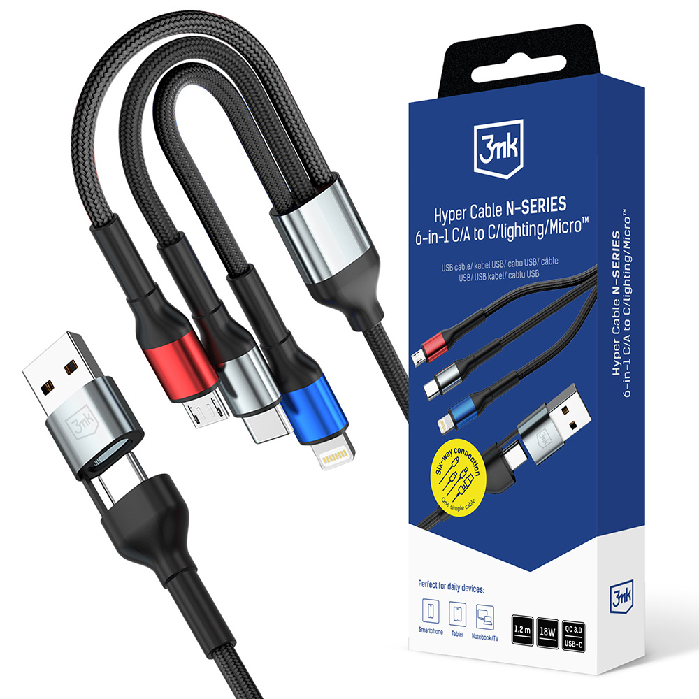 Захранващ кабел 6в1, 18W, 1.2м - 3mk Hyper N-Series - Черен