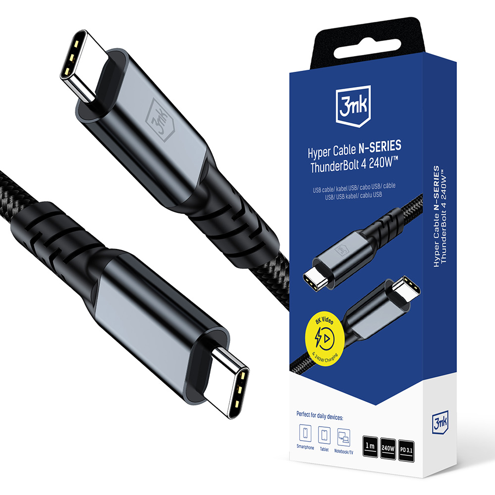 Захранващ кабел, Thunderbolt 4, 40Gb/s, 240W, 1m - 3mk Hyper N-Series - Черен