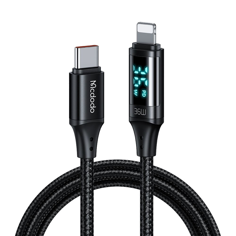 Кабел, USB-C към Lightning, 36 W с цифров дисплей, алуминий, найлонов накрайник. 1.2m - Mcdodo (CA-1030) - Черен