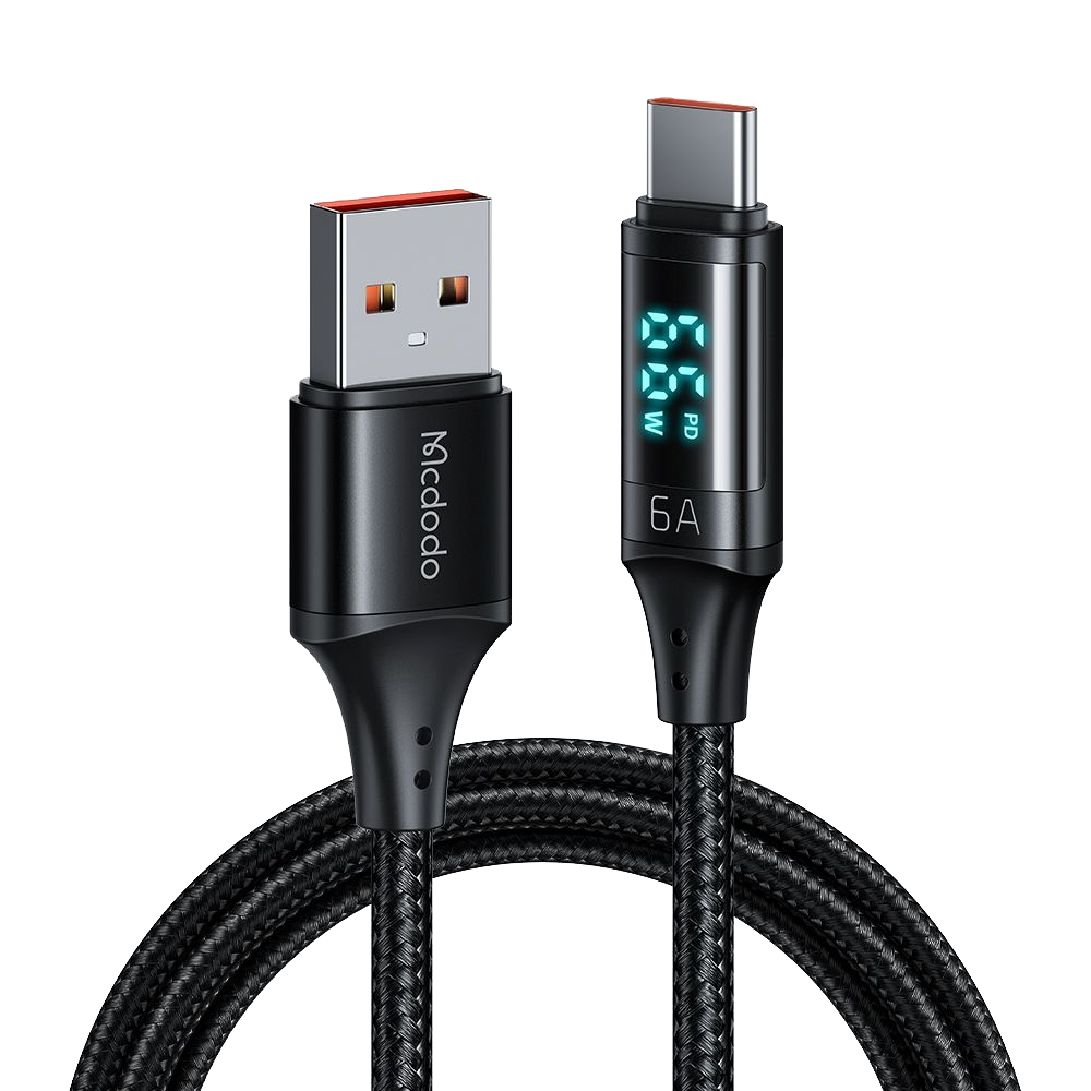USB към USB-C кабел, 6 A с цифров дисплей Алуминиев, найлонов накрайник. 1.2m - Mcdodo (CA-1080) - Черен