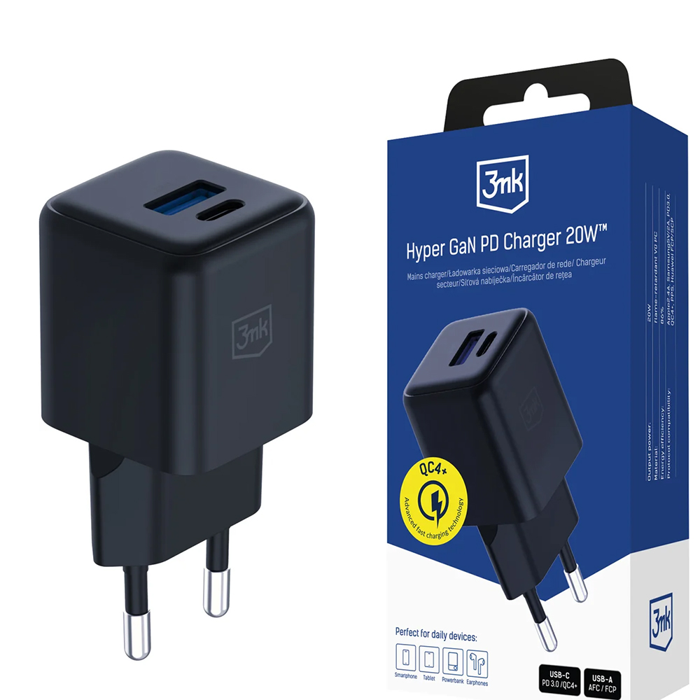 Зарядно устройство, 20W, USB-A + USB-C, GaN, QC4 + PD - 3mk Hyper - черно