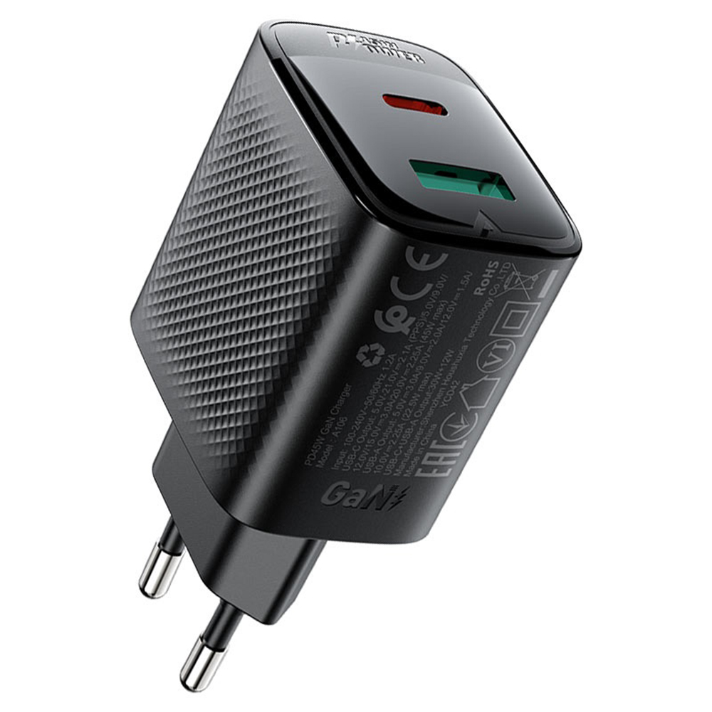 Charger Charger for Plug, Type-C, 45W, 3A, Fast Charging - Acefast (A106) - Черно