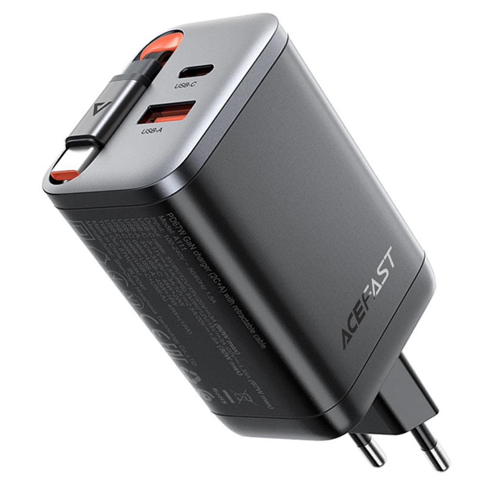 Charger Charger for Plug, Type-C, 67W, 3A, 65cm, Fast Charging - Acefast (A111) - Черно