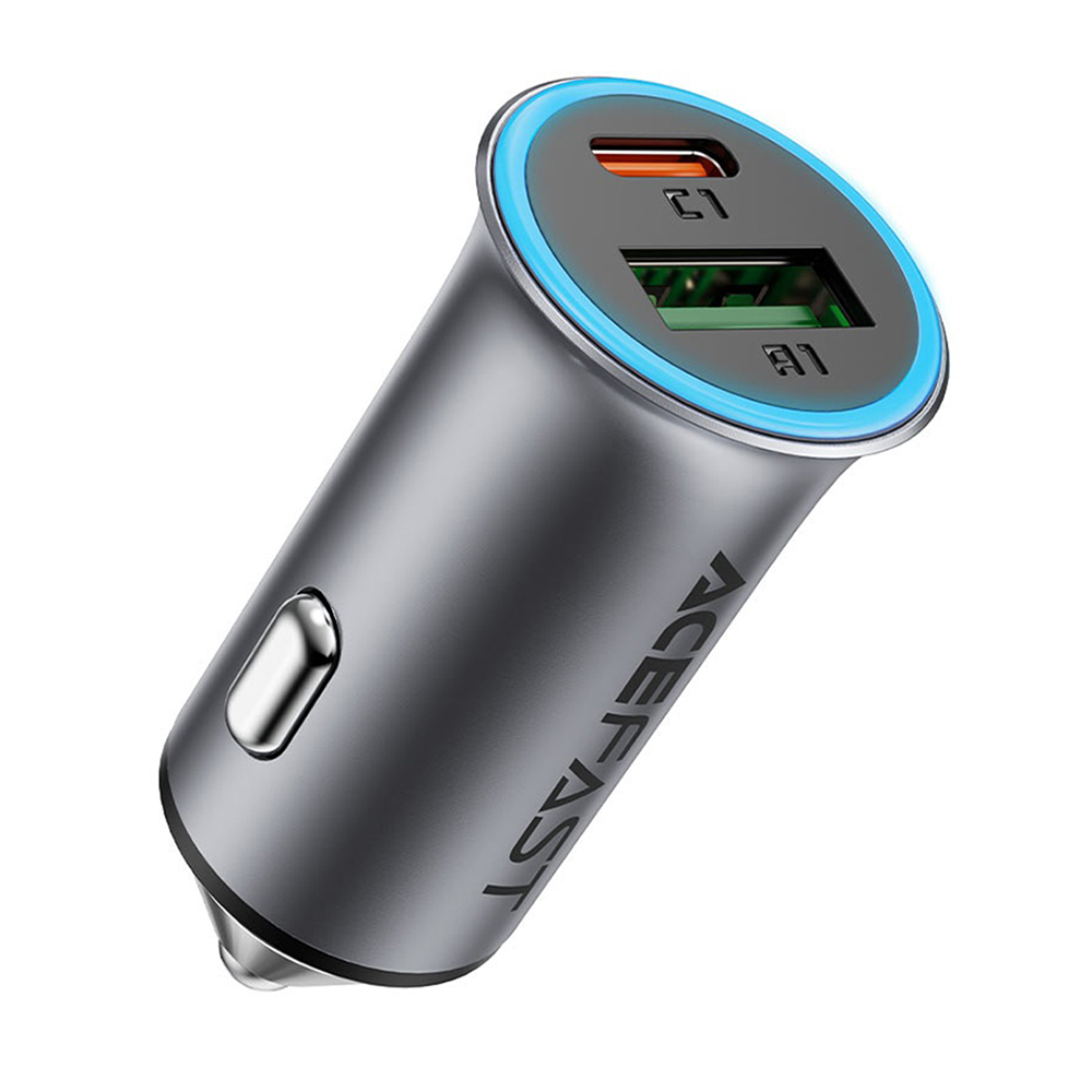 USB зарядно за кола, тип-C, PD95W, Lumina Син - Acefast (B16) - метално сиво