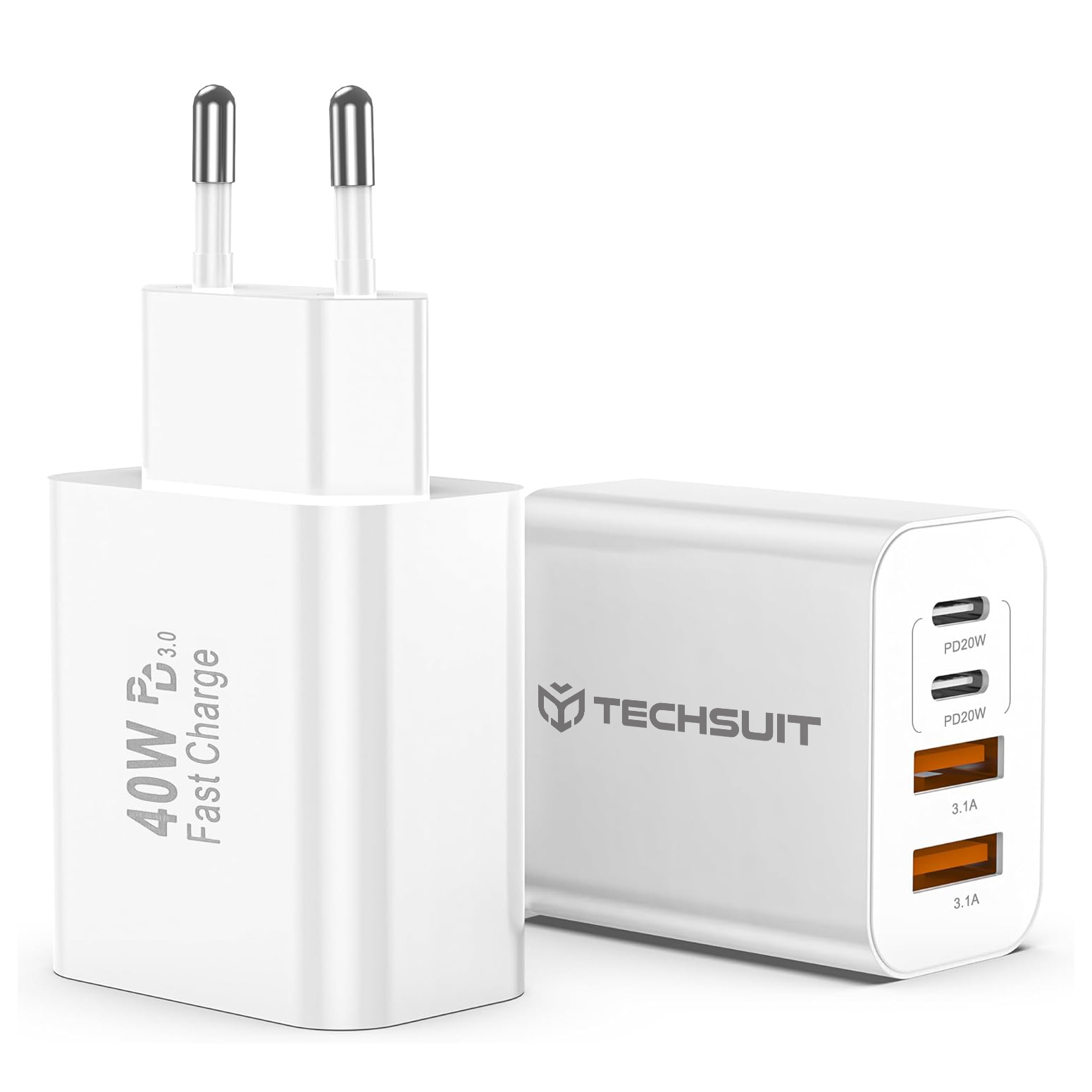 Захранване с щепсел, 2 x USB, 2 x Type-C двойно зарядно за пътуване, 40 W - Techsuit PowerXQuad (CH4) - Бял