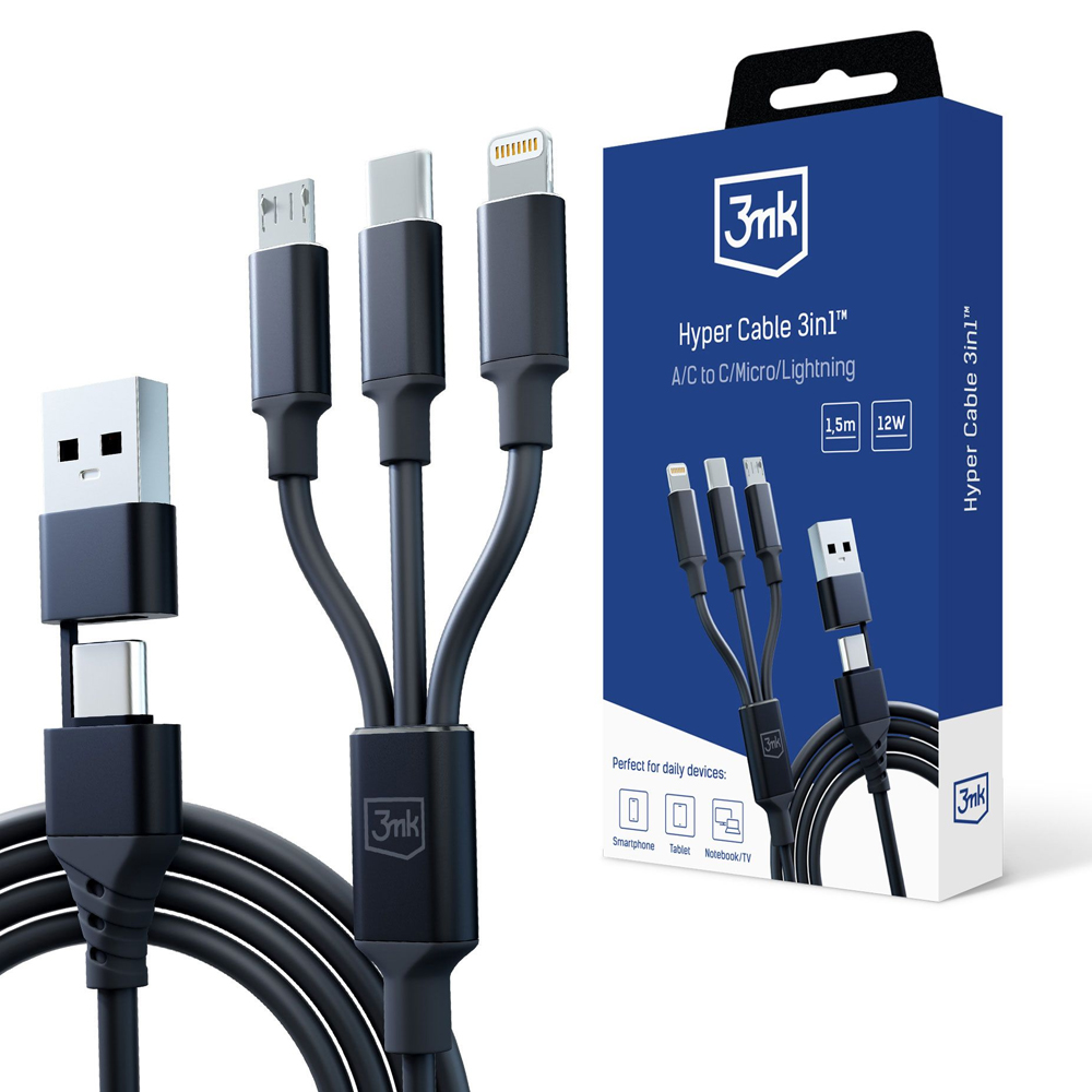 3в1 кабел за данни, USB-A/Type-C към Micro-USB/Type-C/Lightning, 12W, 1.5m - 3mk Hyper - Черен