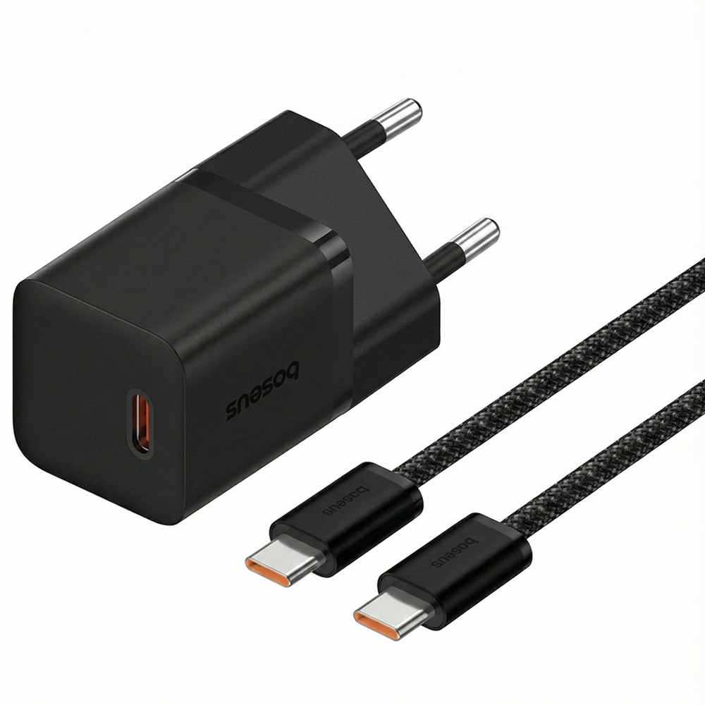 Зарядно устройство Type-C, бързо зареждане, GaN, 30W + кабел Type-C 100W, 1m - Baseus (P1011090902113-00) - Cluster Черен
