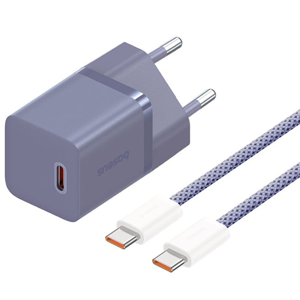 Зарядно устройство Type-C, бързо зареждане, GaN, 30W + кабел Type-C 100W, 1m - Baseus (P1011090902523-00) - среднощно лилаво