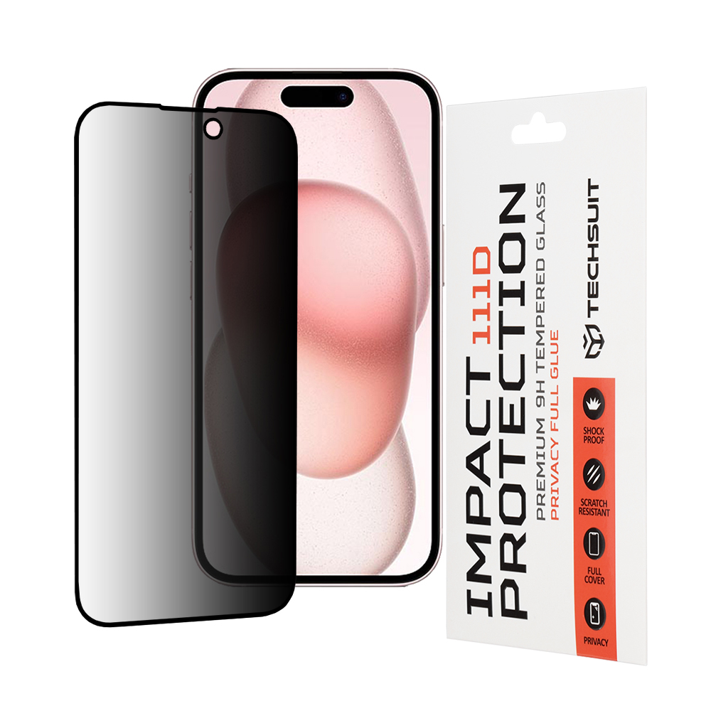 Калъф за iPhone 15 / iPhone 16 - Techsuit 111D Privacy Full Glue - Черен